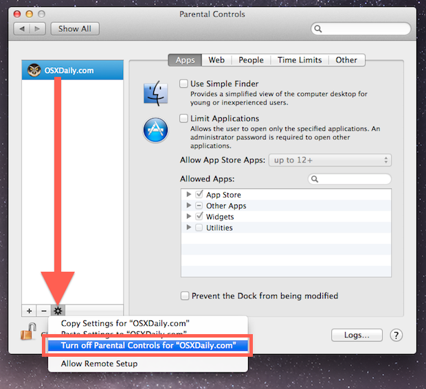 Disable Parental Controls for a user in Mac OS X