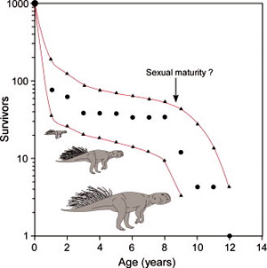 Продолжительность жизни динозавров Psittacosaurus lujiatunensis. Рис. из статьи Gregory M. Erickson et al. A Life Table for Psittacosaurus lujiatunensis: Initial Insights Into Ornithischian Dinosaur Population Biology