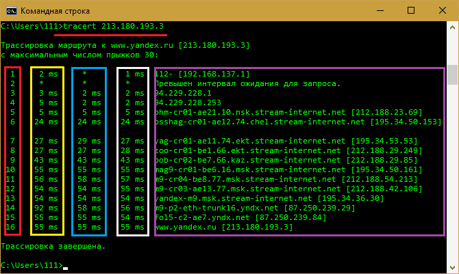 Поля вывода Tracert.