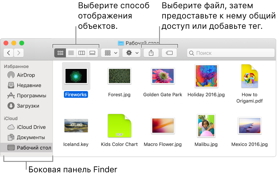 Окно Finder: слева находится боковое меню Finder. В левом верхнем углу окна расположены четыре кнопки, которые позволяют выбрать способ отображения объектов в окне Finder. Справа расположены две кнопки, которые используются для публикации и пометки выбранных файлов тегами.