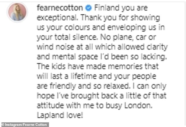 Family time: In the lead up to Christmas, Fearne shared glimpses of her idyllic family break to Finland with her social media followers (pictured with her husband Jesse Wood, 43)