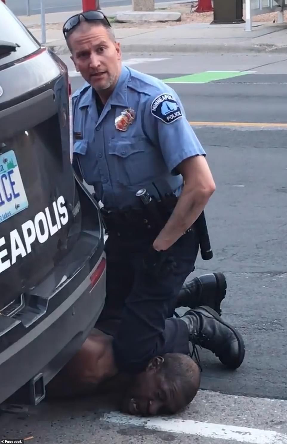 It also shows how Floyd resisted as the cops tried to force him into the back of the car telling them he suffers from claustrophobia and anxiety and how Officer Derek Chauvin (pictured) knelt on his neck for nearly nine minutes, leading to his death, ignoring Floyd