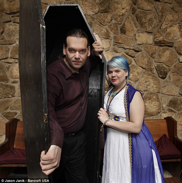 Michael Vachmiel emerges from a coffin. Blut Katzchen (right) , from Shreveport, Louisiana, is a 