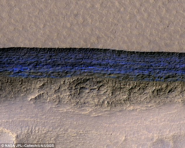 A cross-section of underground ice is exposed at the steep slope that appears bright blue in this enhanced-color view from the HiRISE camera on NASA