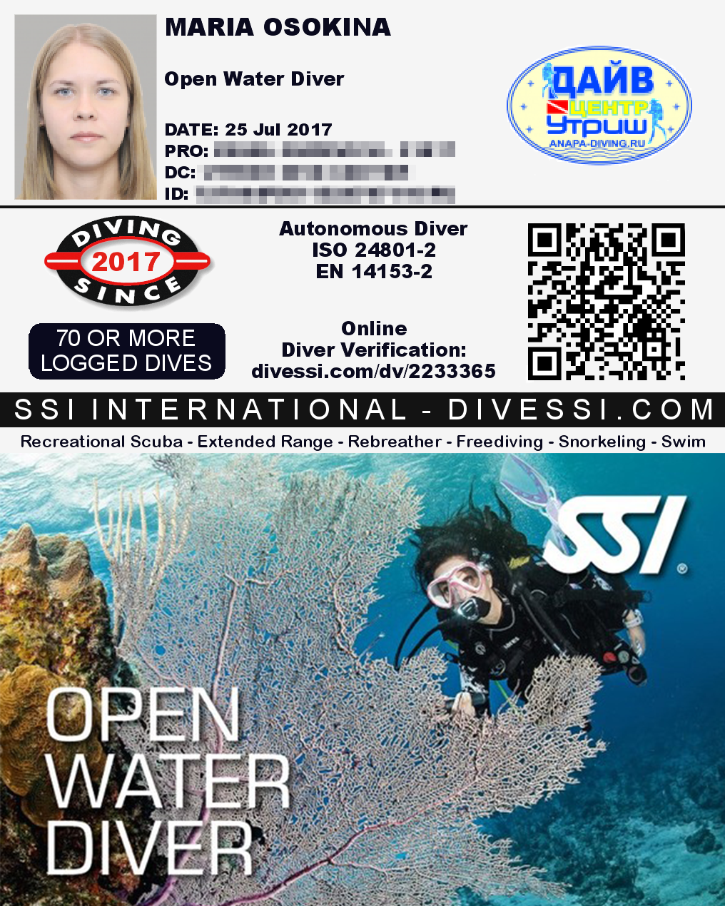 Мой сертификат Open Water Diver