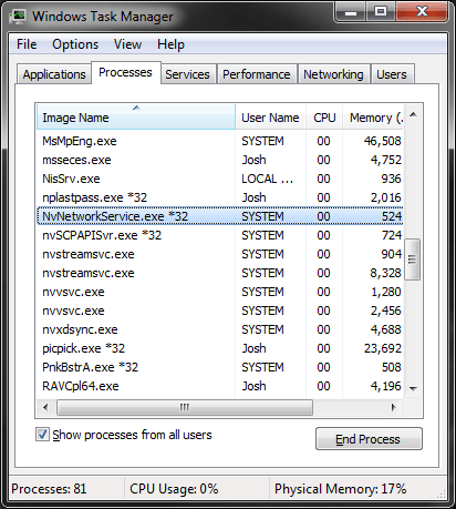 Screenshot of Task Manager showing the NVNetworkService.exe process.