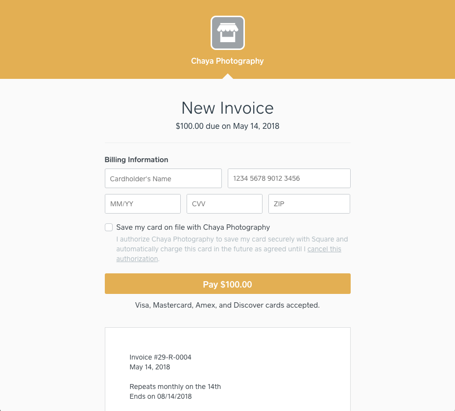 Square Invoice Payment Screen