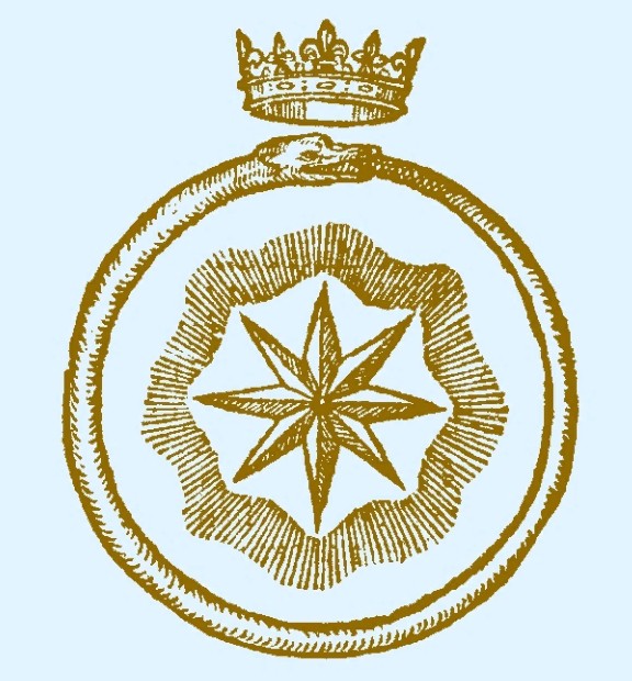 Восьмиконечная звезда как символ соли, вписанная в Уроборос под короной. Гравюра из алхимического трактата XVI в.