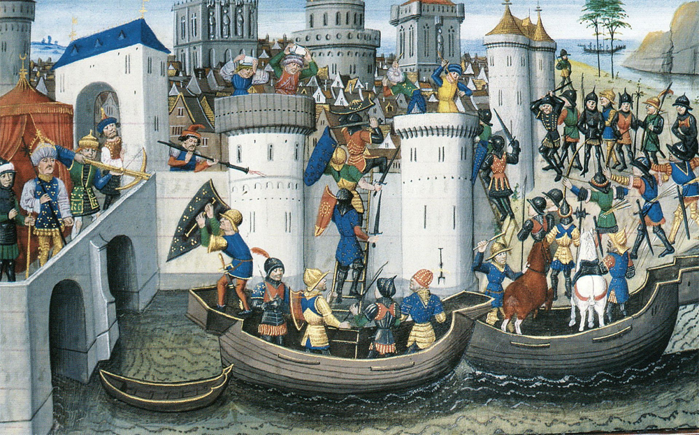 Осада Константинополя крестоносцами (1204). Миниатюра из «Хроники императоров» Давида Обера. 1470-е гг.