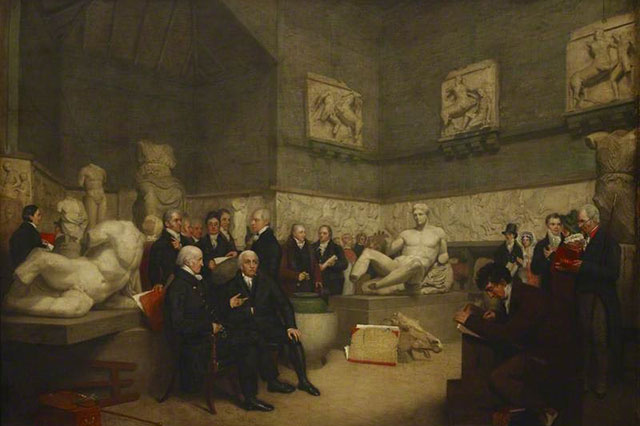 Временный зал для демонстрации мраморных скульптур Парфенона, картина 1819 года.