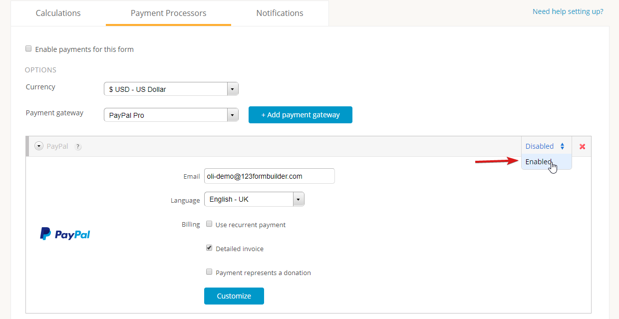how to enable paypal on 123formbuilder