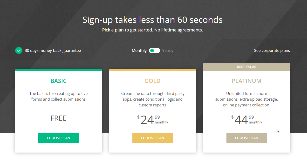 123formbuilder pricing page