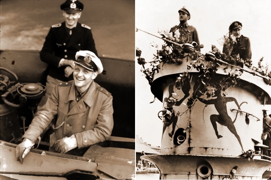 ​Благодаря своему опытному и удачливому командиру, а также эффектной эмблеме — двум красным дьяволам, танцующим с факелами по обе стороны рубки, — подводная лодка U 552 стала одной из самых известных в кригсмарине. Эмблема досталась Топпу по наследству вместе со старой «двойкой» U 57 от предыдущего командира, капитан-лейтенанта Клауса Корта, но прославил ее именно Топп, перенося впоследствии на каждую свою лодку. На снимках — рубка U 552 и смеющийся Эрих Топп - Победившие смерть 