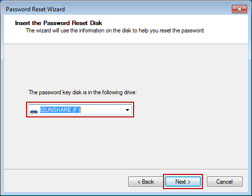 choose windows 7 password reset disk on wizard