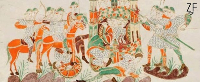 Сенкт-Галленский "Codex Aureus" ( "Золотая Псалтырь"), времен Карла Великого. Четко изоброжены круглые щиты с умбоном и радиальными металлическими поласами окантовки